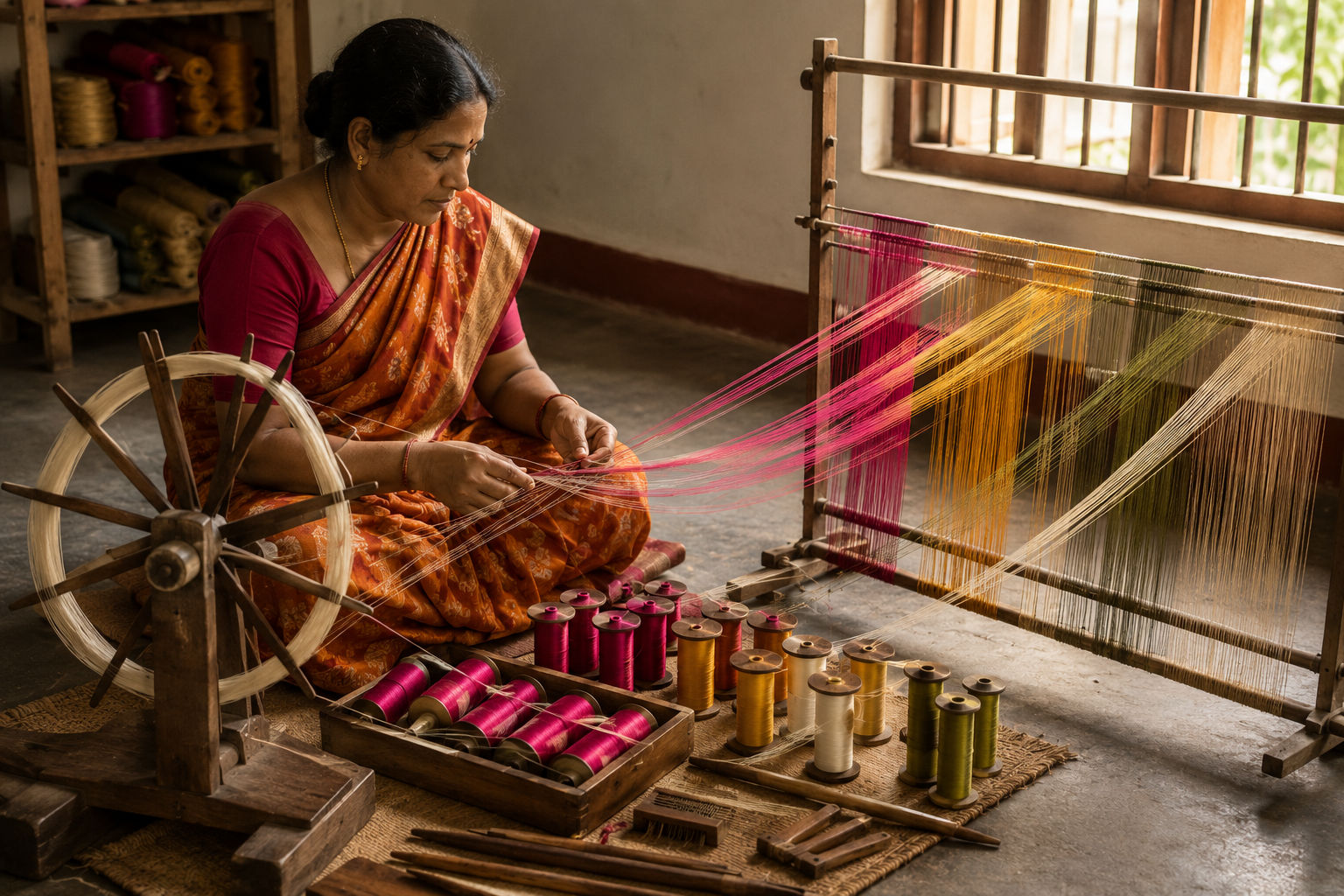 Generations of weavers preparing silk thread together